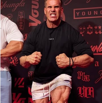 two muscular bodybuilders posing in different settings