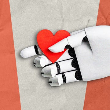 a robotic hand holding a red heart against a textured background
