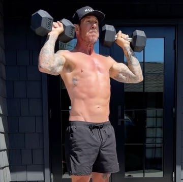two images of a muscular man demonstrating fitness activities outdoors