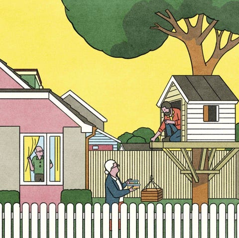 scene of a backyard with a treehouse and two people interacting