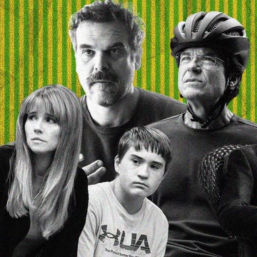 Collage of multiple individuals with obscured faces against a striped green background.