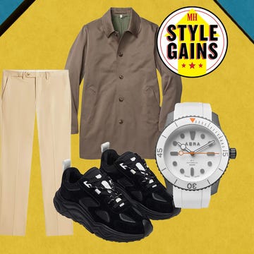 Fashion items including a coat, trousers, sneakers, and a watch against a colorful background.