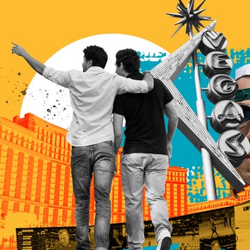 Two individuals pointing towards a landmark in a vibrant cityscape depicting sports betting.