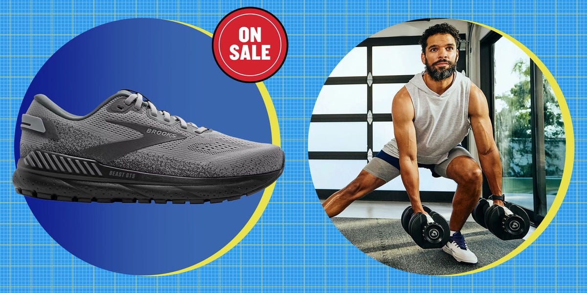 Athletic shoe on sale alongside a person exercising with weights. Athletic shoe on sale alongside a person exercising with weights.