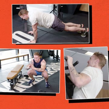 Collage of workout activities including push-ups, squats, and weightlifting.