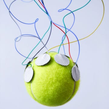 Electric wires connected to a tennis ball.