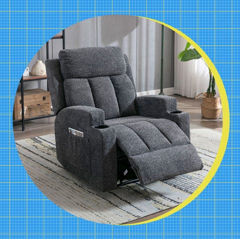two reclining chairs displayed side by side one in white fabric and the other in gray fabric