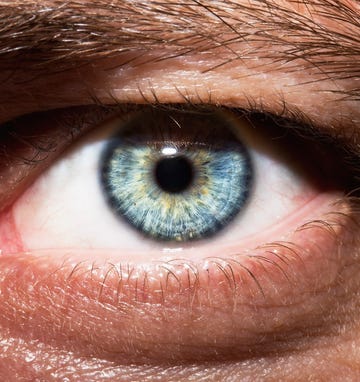 man's eye, blue/green