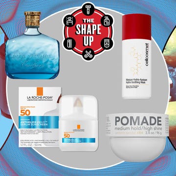 Men's grooming and skincare products arranged in a promotional layout.