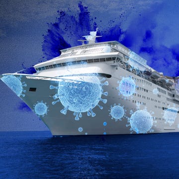 Cruise ship with visual representations of viruses.