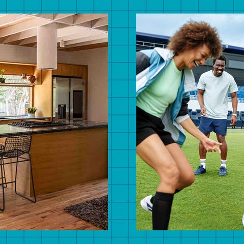 A split image featuring a modern kitchen and a group of people playing soccer.