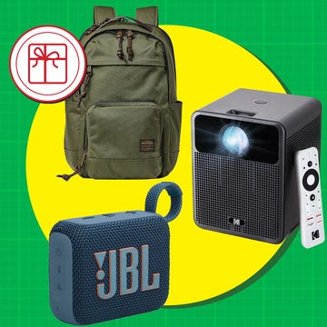 selection of tech gadgets including a backpack a portable speaker and a projector