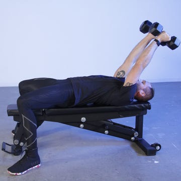 Exercise equipment, Weights, Dumbbell, Bench, Arm, Leg, Sitting, Physical fitness, Furniture, Kettlebell, 