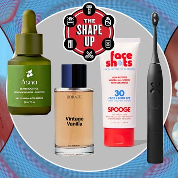 variety of grooming and skincare products displayed alongside two individuals