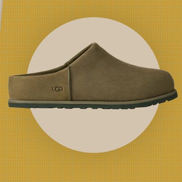 footwear display featuring a green ugg slipon shoe and model wearing it