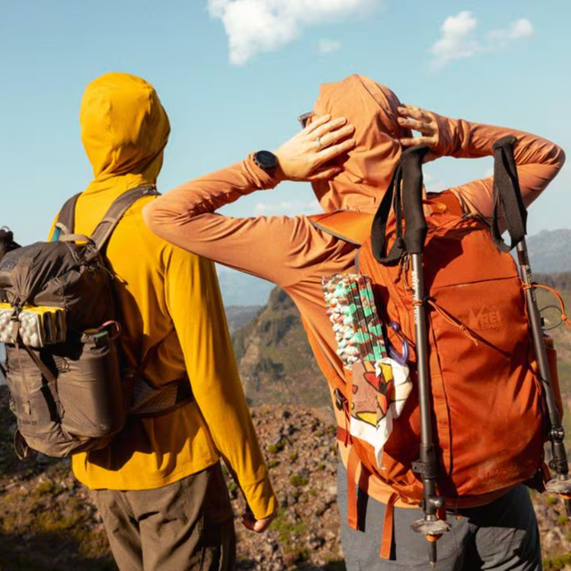 Two hikers in outdoor gear overlooking a scenic landscape. Two hikers in outdoor gear overlooking a scenic landscape.