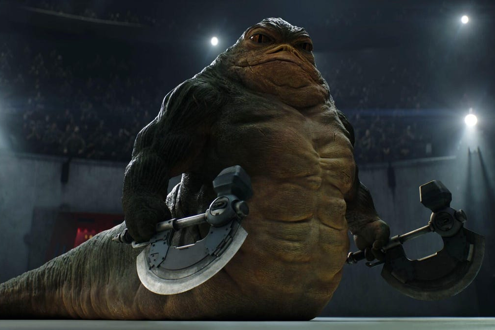 Grogu and Rotta the Hutt from Star Wars: The Mandalorian, Disney scene Grogu and Rotta the Hutt from Star Wars: The Mandalorian, Disney scene
