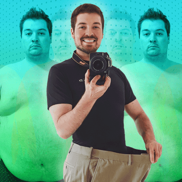 before and after collage of man holding a camera showing weight loss in pant size before and after collage of man holding a camera showing weight loss in pant size