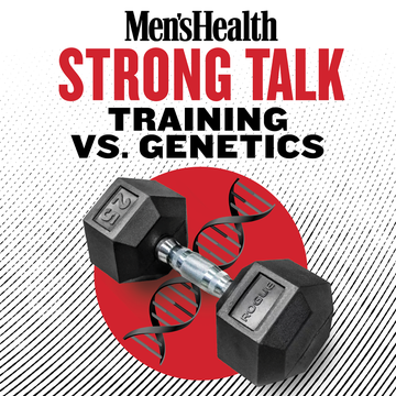 graphic with a 25 pound dumbbell and dna strand