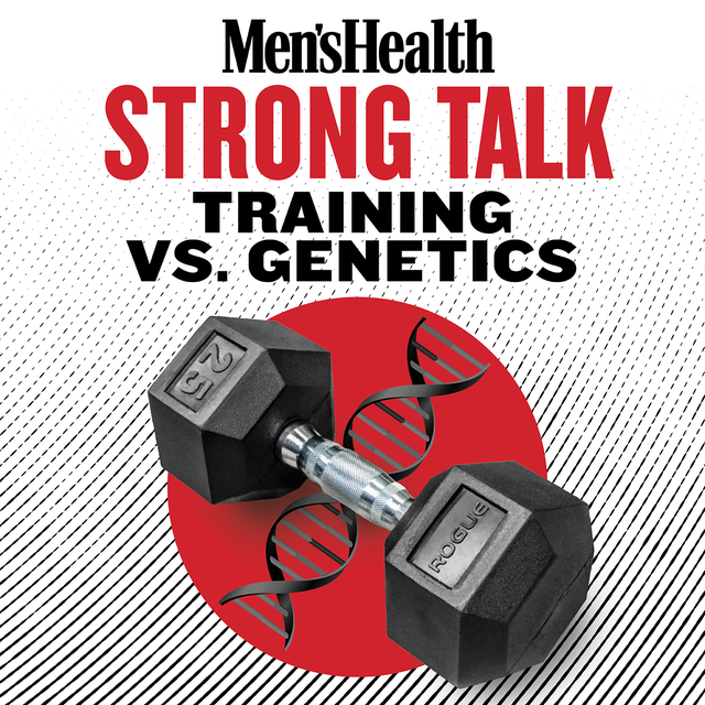 graphic with a 25 pound dumbbell and dna strand