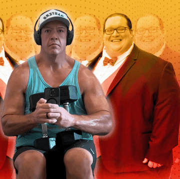 Before and After Photo of Charles O'Byrne before and after transformation of an obese man in a suit and a muscular man taking a selfie holding dumbbells